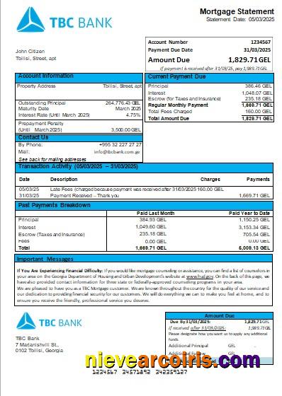 Georgia TBC Bank mortgage statement